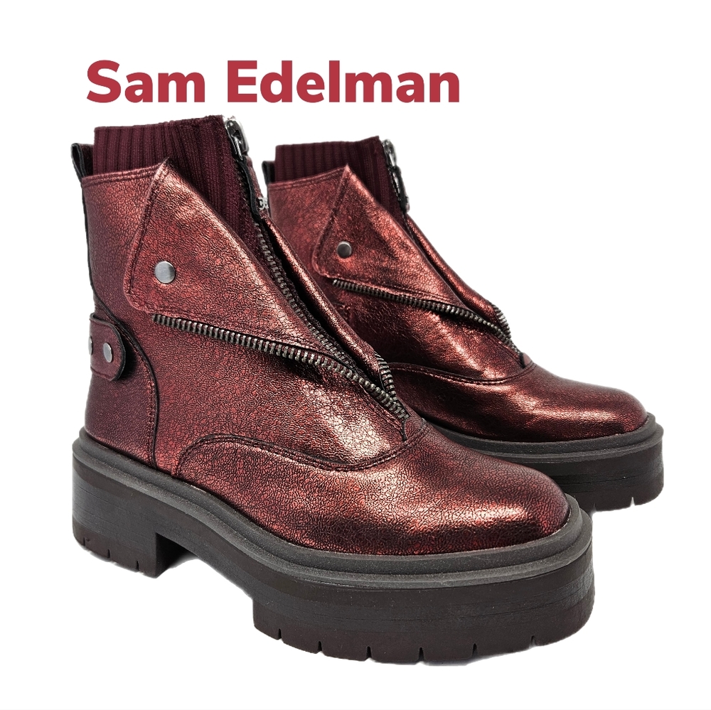 Sam Edelman Linds Bordeaux Metallic Crackle Leather & fabric Ankle Boots sz 7.5